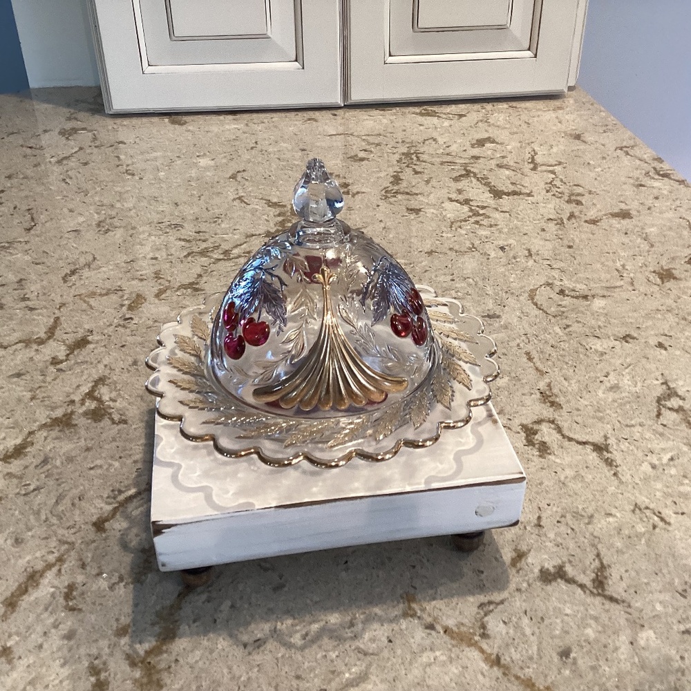 Vintage LG Wright Cherry & Fan Glass Cheese/Butter Dish with Cover